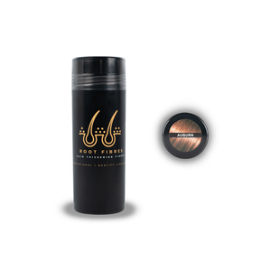 Front view of Root Fibres hair thickening fibres in a stylish black bottle with a prominent gold logo. The white and gold caption states 'Root Fibres Hair Thickening Fibres – Professional, Quality, Confident.' Additionally, the image includes a top view of the bottle with a Auburn hair colour indicator featuring a picture of Auburn hair and the caption 'Auburn.' This product effectively conceals thinning hair, providing a natural and voluminous look.