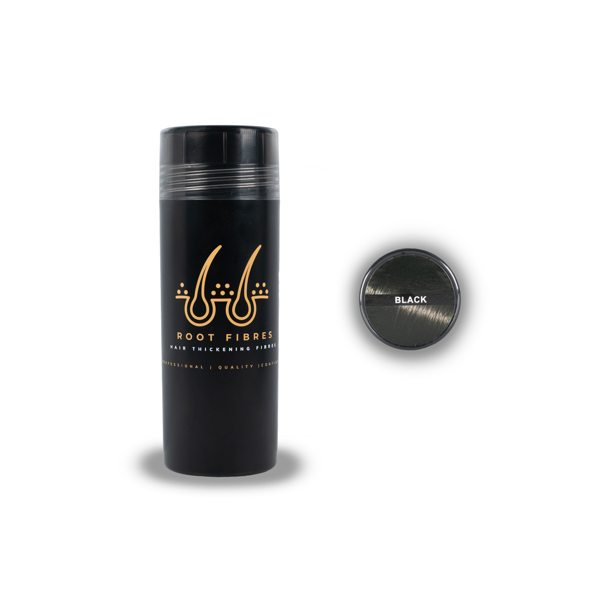 Front view of Root Fibres hair thickening fibres in a sleek black bottle with a gold logo. White and gold caption reads 'Root Fibres Hair Thickening Fibres – Professional, Quality, Confident.' Within the image there is also an image of the top view of the bottle that has the Black hair colour indicator with a picture of black colour hair and the caption Black. This product effectively conceals thinning hair, providing a natural and voluminous look.