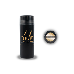 Front view of Root Fibres hair thickening fibres in a stylish black bottle with a prominent gold logo. The white and gold caption states 'Root Fibres Hair Thickening Fibres – Professional, Quality, Confident.' Additionally, the image includes a top view of the bottle with a Dark Blonde hair colour indicator featuring a picture of Dark Blonde hair and the caption 'Dark Blonde.' This product effectively conceals thinning hair, providing a natural and voluminous look.