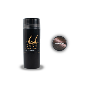 Front view of Root Fibres hair thickening fibres in a stylish black bottle with a prominent gold logo. The white and gold caption states 'Root Fibres Hair Thickening Fibres – Professional, Quality, Confident.' Additionally, the image includes a top view of the bottle with a Dark Brown hair colour indicator featuring a picture of Dark Brown hair and the caption 'Dark Brown.' This product effectively conceals thinning hair, providing a natural and voluminous look.