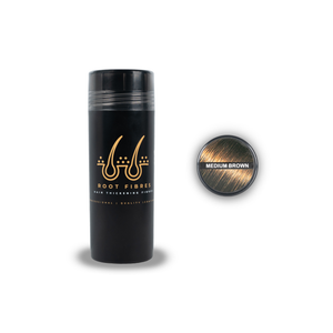 Front view of Root Fibres hair thickening fibres in a stylish black bottle with a prominent gold logo. The white and gold caption states 'Root Fibres Hair Thickening Fibres – Professional, Quality, Confident.' Additionally, the image includes a top view of the bottle with a Medium Brown hair colour indicator featuring a picture of Medium Brown hair and the caption 'Medium Brown.' This product effectively conceals thinning hair, providing a natural and voluminous look.