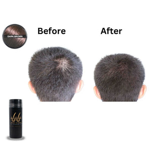 This image showcases the front and top view of Root Fibres hair thickening fibres presented in a stylish black bottle.' Showcasing Professional, Quality, Confident.' Accompanying the main product imageries are before-and-after captions positioned above scalp-focused images, illustrating a thinning head of dark brown thick straight texture hair before using Root Fibres hair thickening fibres and the transformative effect after product application, successfully concealing thinning hair or bald spots.