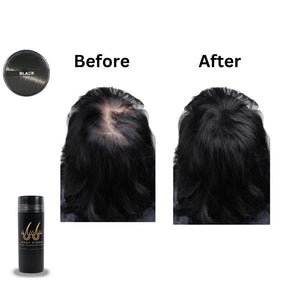 This image showcases the front and top view of Root Fibres hair thickening fibres presented in a stylish black bottle.' Showcasing Professional, Quality, Confident.' Accompanying the main product imageries are before-and-after captions positioned above scalp-focused images, illustrating a thinning head of black thin straight texture hair before using Root Fibres hair thickening fibres and the transformative effect after product application, successfully concealing thinning hair or bald spots.