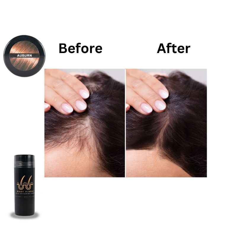 This image showcases the front and top view of Root Fibres hair thickening fibres presented in a stylish black bottle.' Showcasing Professional, Quality, Confident.' Accompanying the main product imageries are before-and-after captions positioned above scalp-focused images, illustrating a thinning head of auburn thin straight texture hair before using Root Fibres hair thickening fibres and the transformative effect after product application, successfully concealing thinning hair or bald spots.